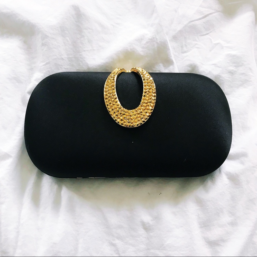 BCBG MaxAzria Black Satin Clutch with Gold Clasp